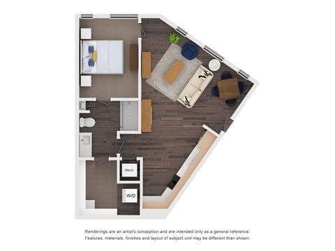 Floor plan for 1 bed, 1 bath, 735 sqft